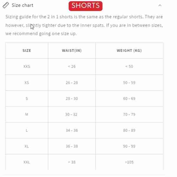 Shorts Size Chart
